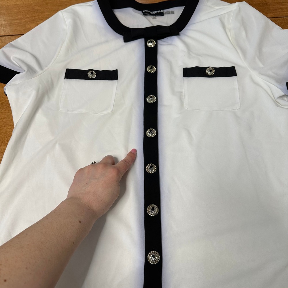 Karl Lagerfeld Paris Blouse Women's XL Black White‎ Button Embellished Old Money - Picture 7 of 11
